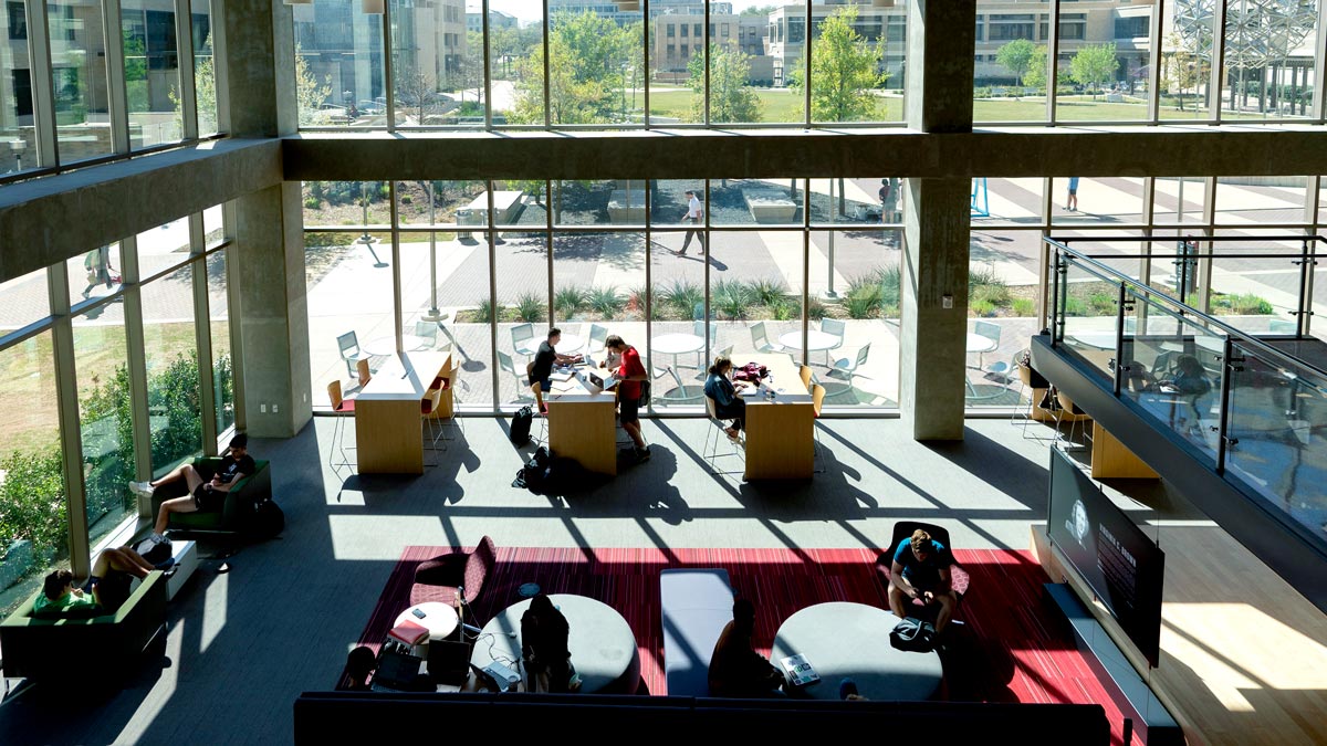 Students study at tables in front of a large window with bright natural light