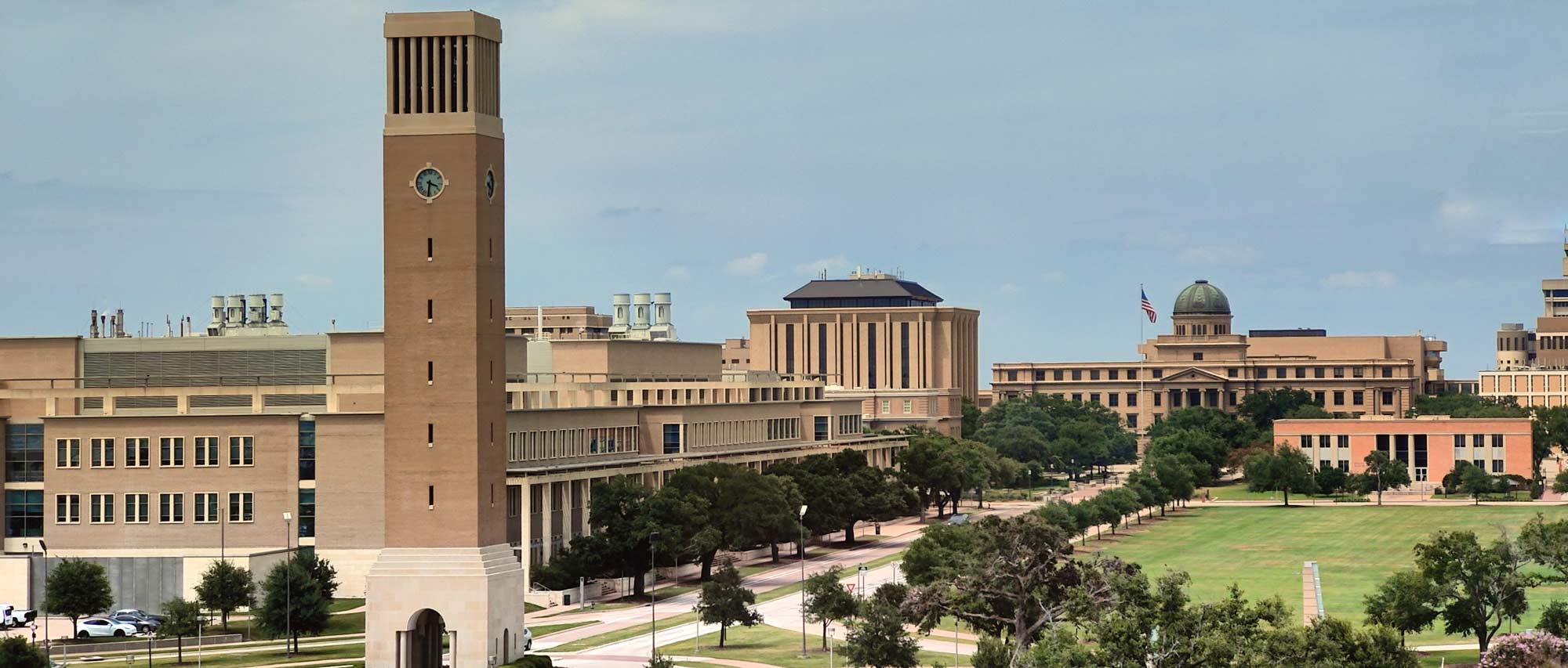 Aerial of Texas A&M campus with the clock tower