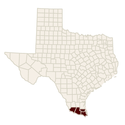 Graphic of Texas counties map showing highlighted counties in the lower region area