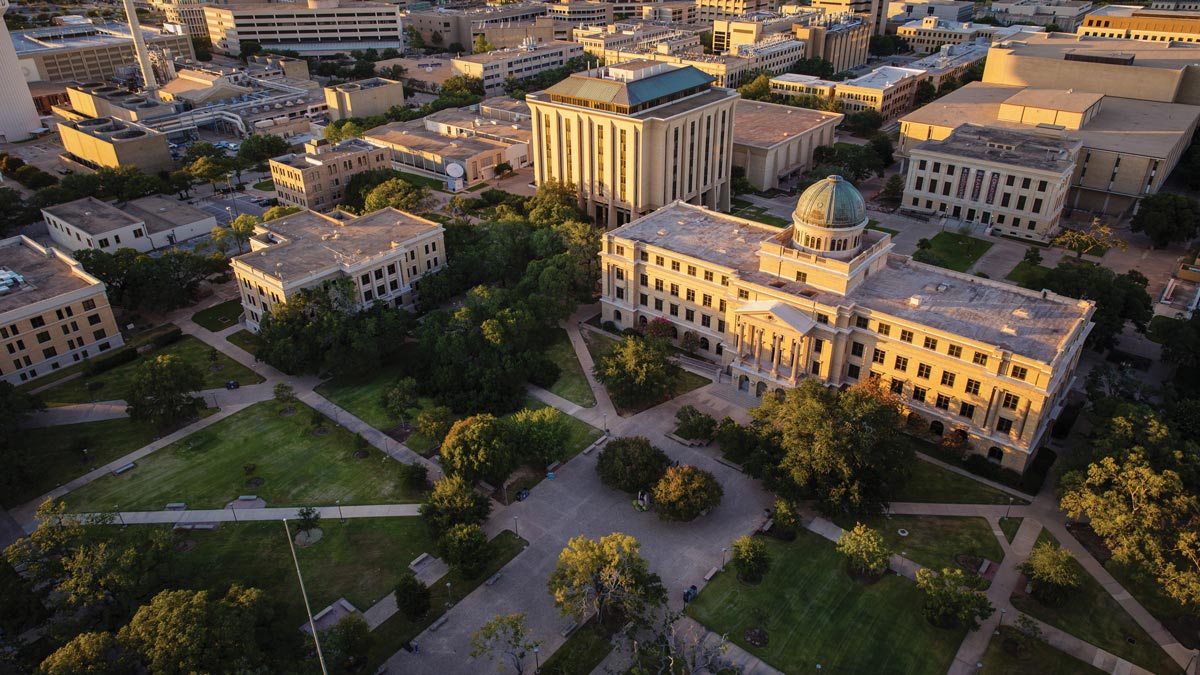 An aerial view of the Academic Building on the Texas A&amp;M campus