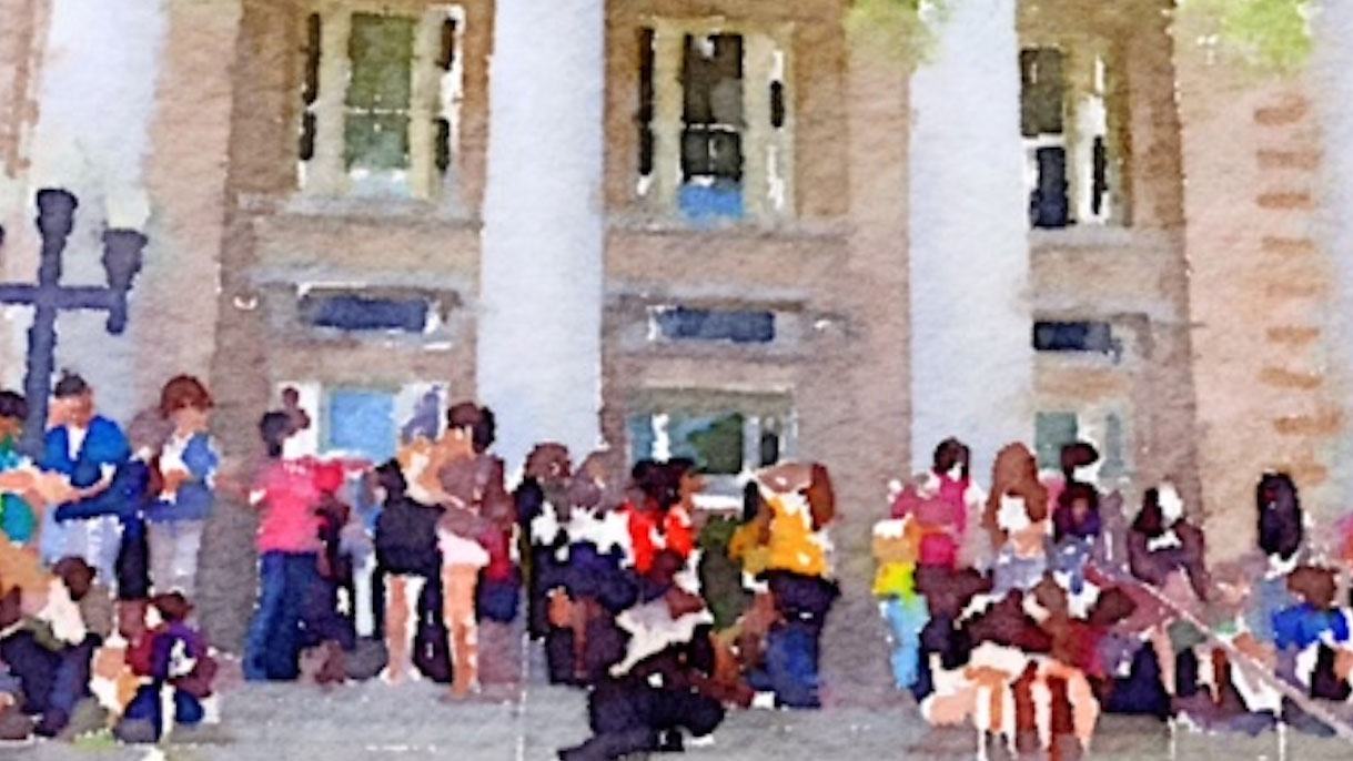 A simple watercolor painting of students on the steps of the Chemistry building on the Texas A&amp;M campus